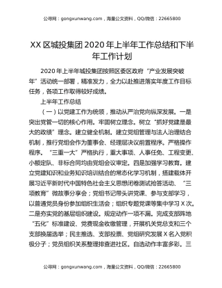XX区城投集团2020年上半年工作总结和下半年工作计划