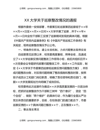 XX大学关于巡察整改情况的通报