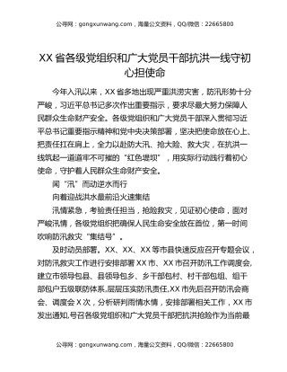 XX省各级党组织和广大党员干部抗洪一线守初心担使命
