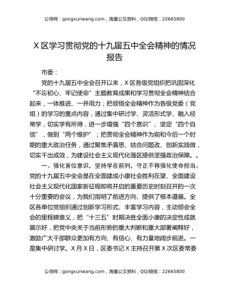X区学习贯彻党的十九届五中全会精神的情况报告