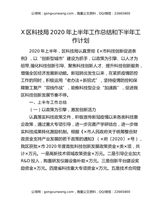 X区科技局2020年上半年工作总结和下半年工作计划