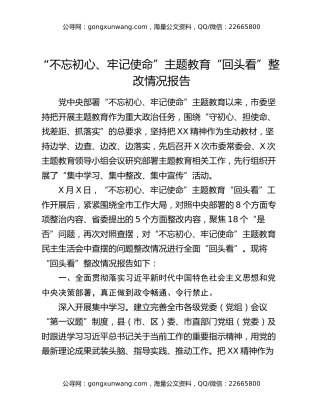 “不忘初心、牢记使命”主题教育“回头看”整改情况报告