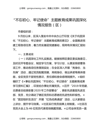 “不忘初心、牢记使命”主题教育成果巩固深化情况报告（区）