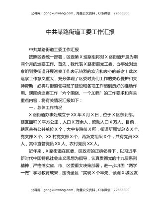 中共某路街道工委工作汇报