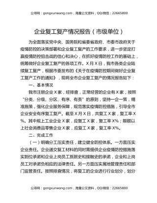 企业复工复产情况报告（市级单位）