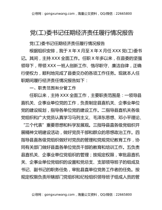 党(工)委书记任期经济责任履行情况报告