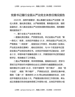 党委书记履行全面从严治党主体责任情况报告