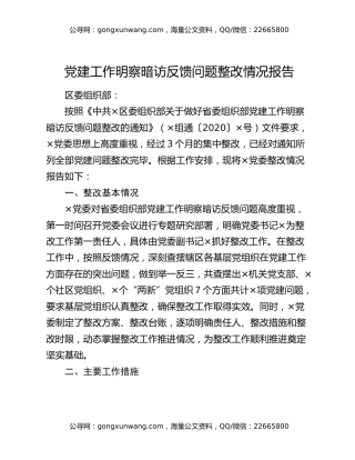 党建工作明察暗访反馈问题整改情况报告