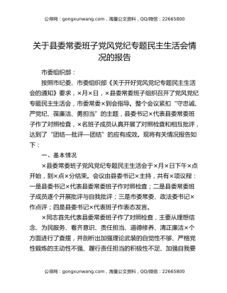 关于县委常委班子党风党纪专题民主生活会情况的报告