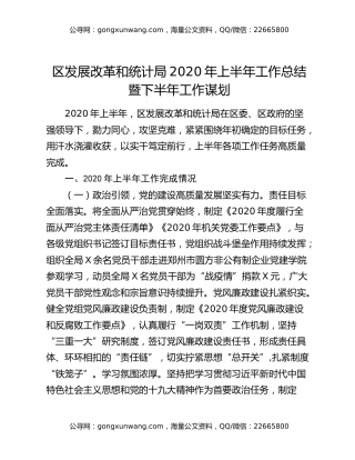 区发展改革和统计局2020年上半年工作总结暨下半年工作谋划