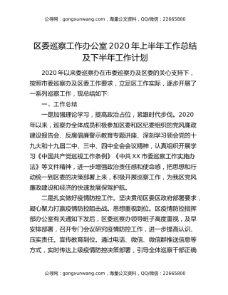 区委巡察工作办公室2020年上半年工作总结及下半年工作计划