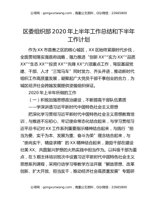 区委组织部2020年上半年工作总结和下半年工作计划