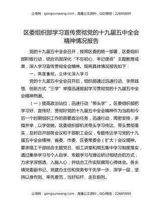 区委组织部学习宣传贯彻党的十九届五中全会精神情况报告