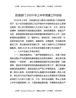 区级部门2020年上半年党建工作总结