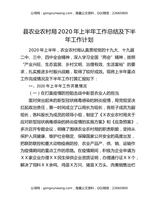 县农业农村局2020年上半年工作总结及下半年工作计划