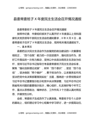 县委常委班子X年度民主生活会召开情况通报