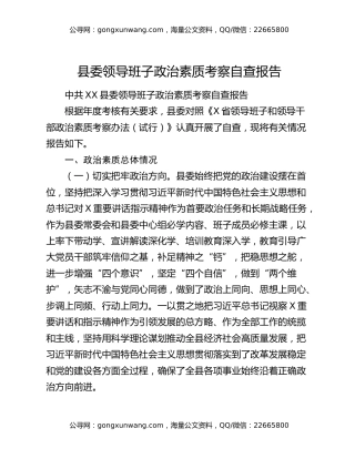 县委领导班子政治素质考察自查报告