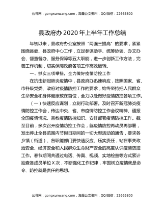 县政府办2020年上半年工作总结