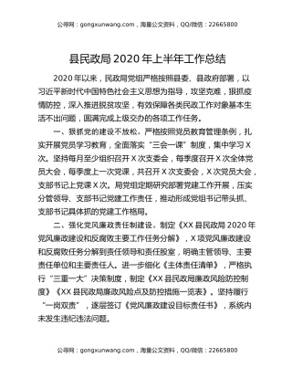 县民政局2020年上半年工作总结