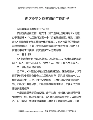 向区委第X巡察组的工作汇报