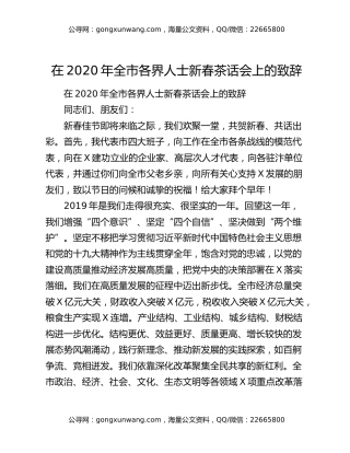 在2020年全市各界人士新春茶话会上的致辞