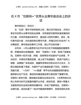 在X市“互联网+”优秀从业青年座谈会上的讲话