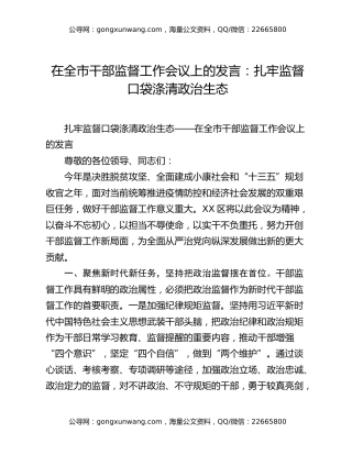 在全市干部监督工作会议上的发言：扎牢监督口袋涤清政治生态