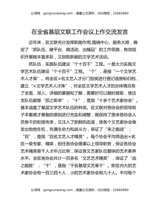 在全省基层文联工作会议上作交流发言