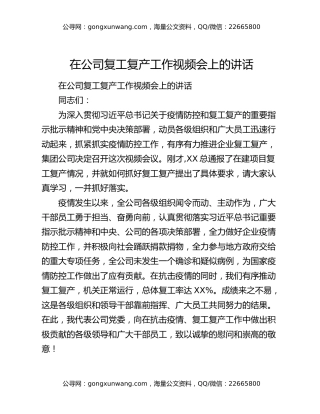 在公司复工复产工作视频会上的讲话