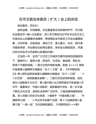 在市文联全体委员（扩大）会上的讲话