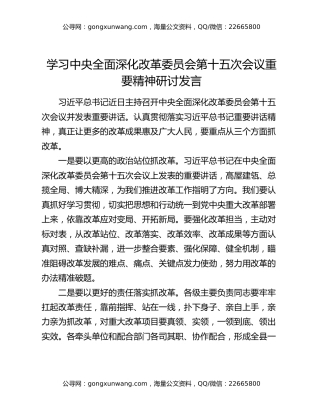 学习中央全面深化改革委员会第十五次会议重要精神研讨发言