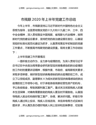 市残联2020年上半年党建工作总结