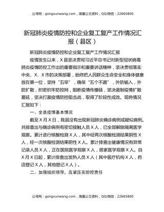 新冠肺炎疫情防控和企业复工复产工作情况汇报（县区）