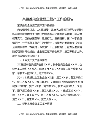 某镇推动企业复工复产工作的报告