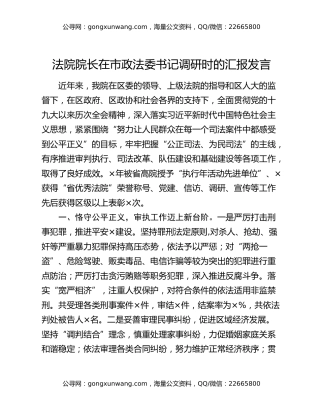 法院院长在市政法委书记调研时的汇报发言