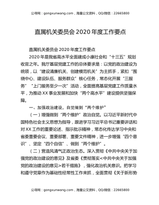 直属机关委员会2020年度工作要点