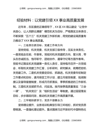 经验材料：以党建引领XX事业高质量发展