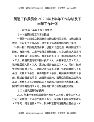 街道工作委员会2020年上半年工作总结及下半年工作计划