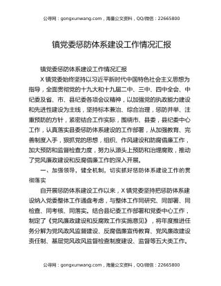 镇党委惩防体系建设工作情况汇报