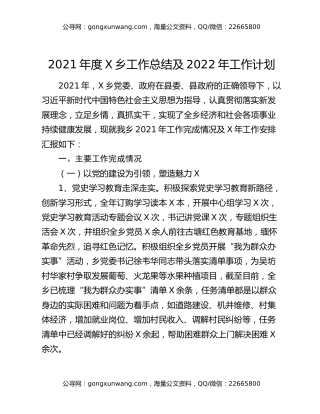2021年度X乡工作总结及2022年工作计划