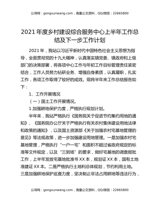 2021年度乡村建设综合服务中心上半年工作总结及下一步工作计划