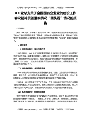 XX党总支关于全国国有企业党的建设工作会议精神贯彻落实情况“回头看”情况的报告