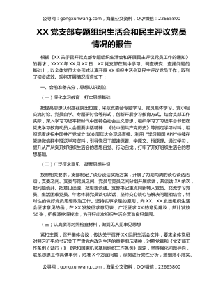XX党支部专题组织生活会和民主评议党员情况的报告