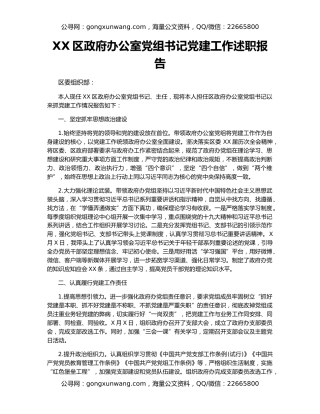 XX区政府办公室党组书记党建工作述职报告