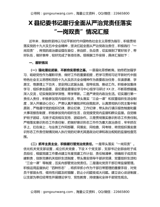 X县纪委书记履行全面从严治党责任落实“一岗双责”情况汇报