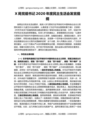 X局党组书记2020年度民主生活会发言提纲