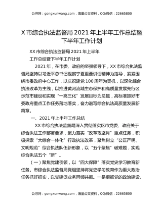 X市综合执法监督局2021年上半年工作总结暨下半年工作计划