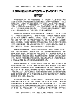X网络科技有限公司党总支书记党建工作汇报发言