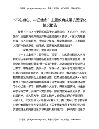 “不忘初心、牢记使命”主题教育成果巩固深化情况报告