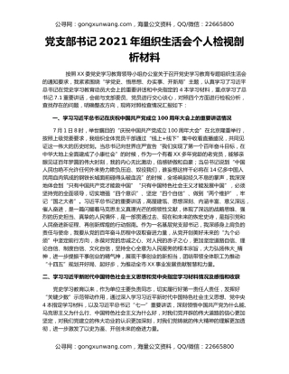 党支部书记2021年组织生活会个人检视剖析材料